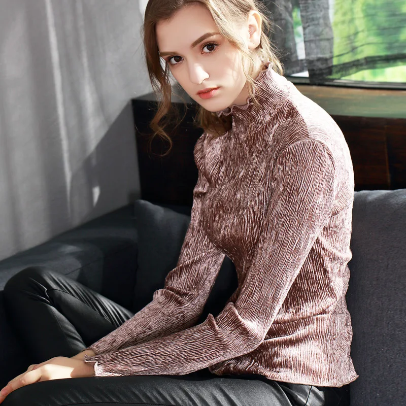 Women Velour T Shirt 2018 Spring New Hot Fashion Female Velvet Ruffles Turtleneck Long Sleeve Slim Elegant Tops T-shirts Women Velour T Shirt 2018 Spring New Hot Fashion Female Velvet Ruffles Turtleneck Long Sleeve Slim Elegant Tops T-shirts