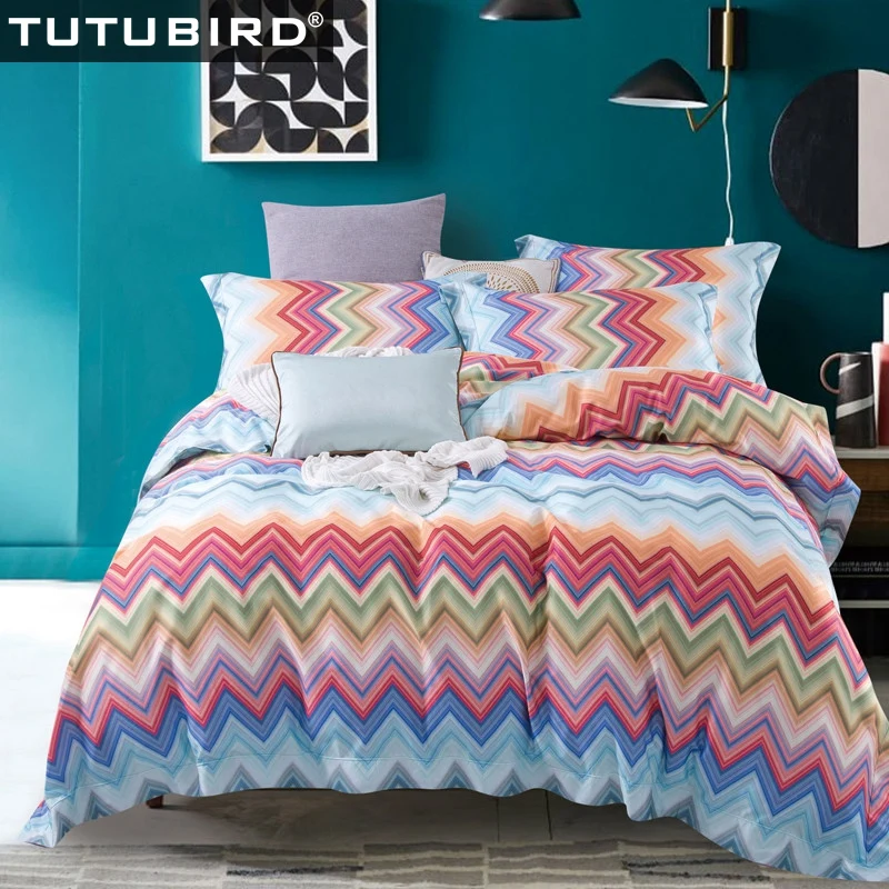 

European Red Ripple striped Bed linen Egyptian Cotton sheet Geometric print modern bedding Set 4pcs pillow case