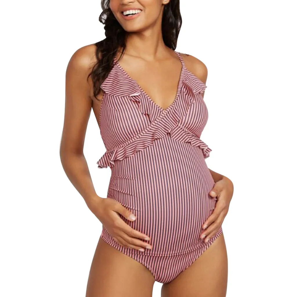 Купальный костюм для беременных, танкини для беременных, женский купальник в полоску, бикини, пляжный костюм для беременных costumi da bagno donna - Color: Pink