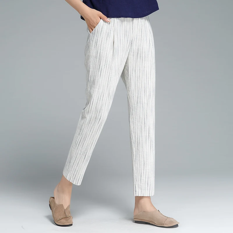 

Pants Women 40% Linen 40% Cotton Blended Mid Elastic Waist Pockets Calf-length Pants Simple Design Plus Sizes 2018 New Fashion