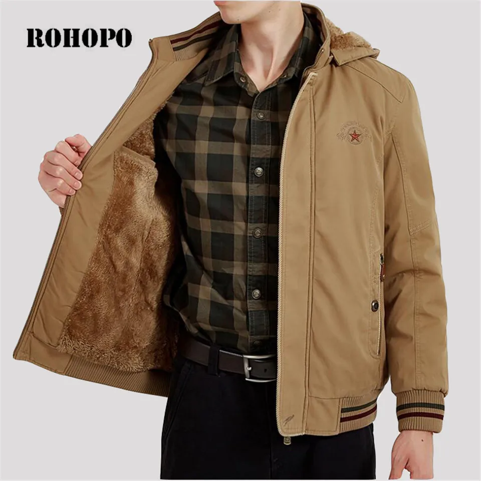 

ROHOPO Parka 100% Cotton winter man's Parks Warm Bomber hooded collar loose cargo parkas coat military male bomber cotton coats