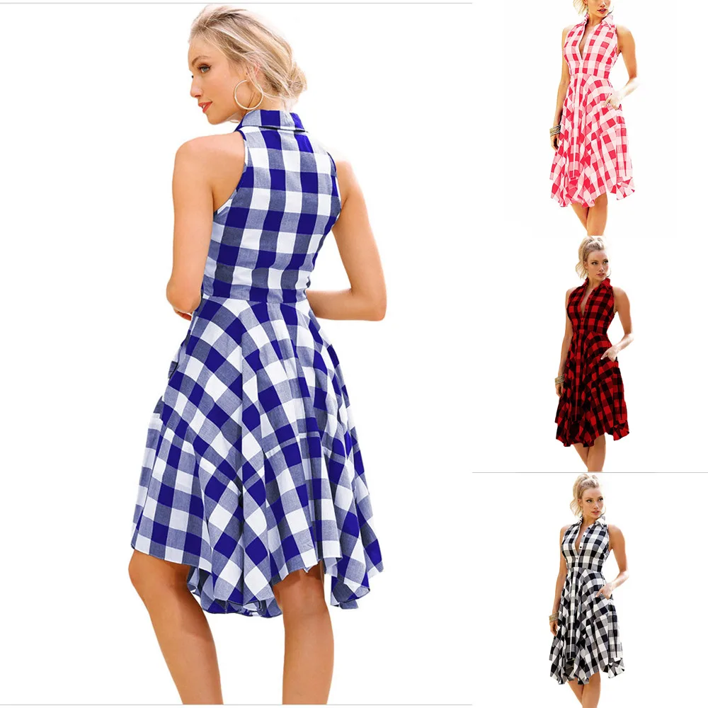 

Women Summer Dress 2019 Fashion Vintage Sleeveless Plaid Print Irregular Party Dress Elegant Dresses Vestido