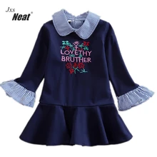 Платья для маленьких девочек изящная Весенняя хлопковая детская одежда с кукольным воротником модное платье с длинными рукавами и буквенным принтом для девочек, 178