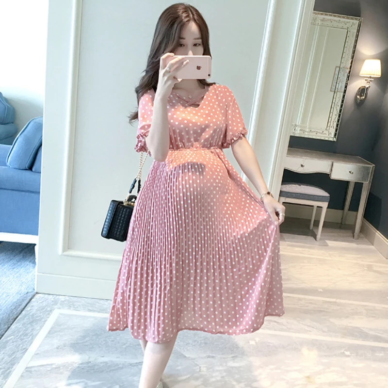 Plus Size Maternity Dresses for Pregnant Women Midi Pleated Chiffon Dress Pink Polka Dots Summer Pregnancy Clothes High Waist Plus Size Maternity Dresses for Pregnant Women Midi Pleated Chiffon Dress Pink Polka Dots Summer Pregnancy Clothes High Waist