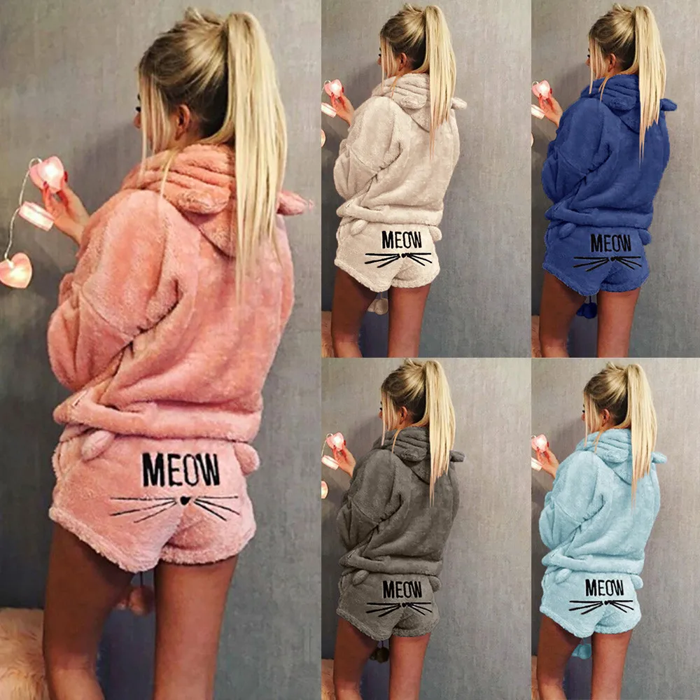 Women Pajama Sets Autumn Winter Flannel Cartoon Warm Pyjamas Animal Sleepwear Cute Cat Female Pajama Women Hoodie Homewear