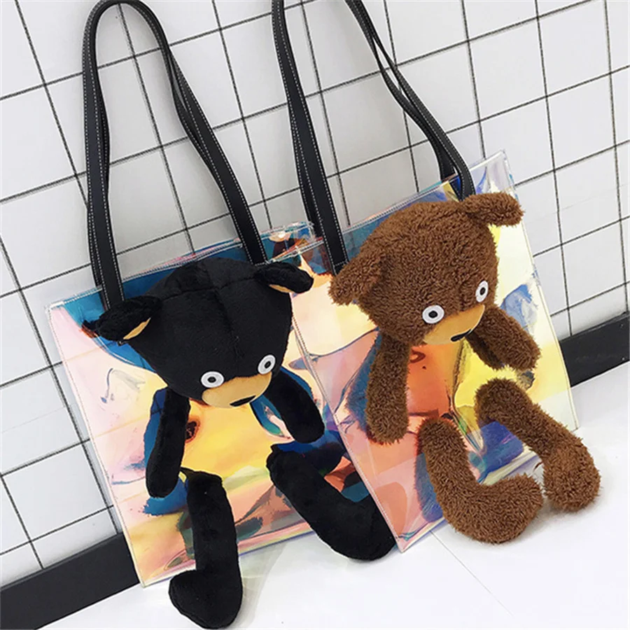 

Cute Animals Laser Bags Clear Pvc Transparent Women Shoulder Bags Designer Plush Animal Totes Casual Women Buckets Large Sac