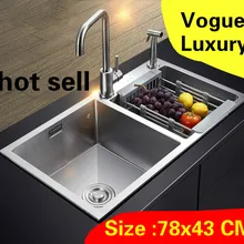 Квартира высокого качества кухня ручная раковина двойной паз пищевой 304 нержавеющая сталь Горячая 780x430 мм