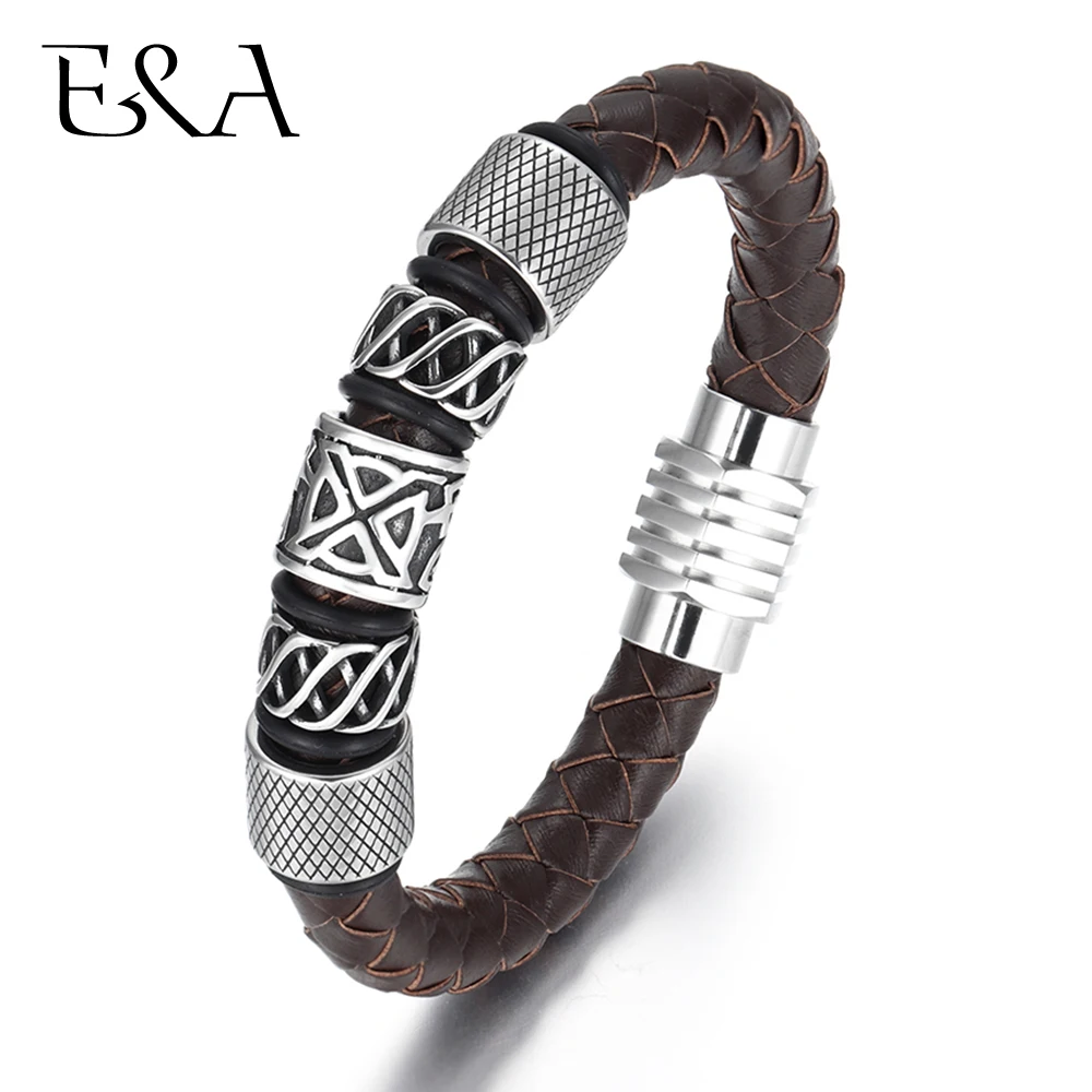 

Trendy Men Brown / Black Woven Leather Bracelet with 316L Stainless Steel Viking Beads Man Magnet Clasp Braided Bangle Jewelry