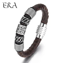Trendy Men Brown / Black Woven Leather Bracelet with 316L Stainless Steel Viking Beads Man Magnet Clasp Braided Bangle Jewelry trendy beads layered magnet clasp flower print bracelet for women