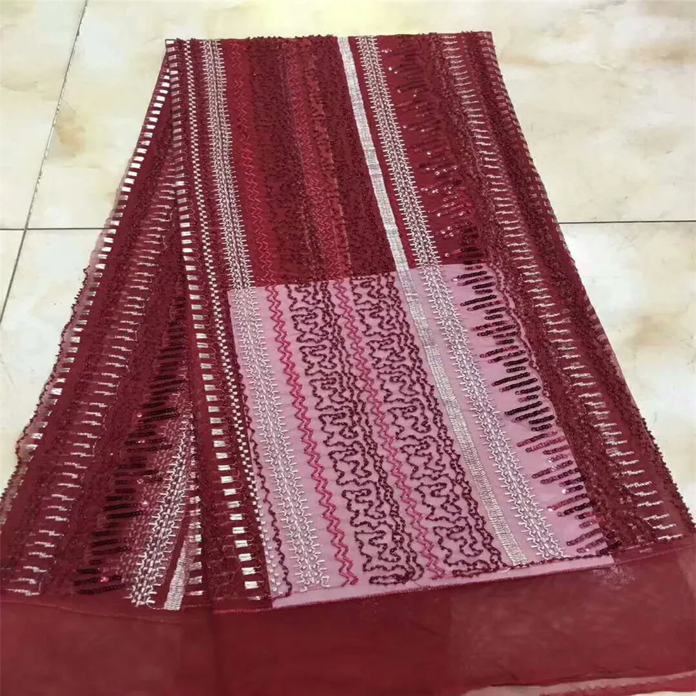 

Red African Lace Fabric With Sequins 2018 Latest Sequin Fabric High Quality Tulle Sequins Lace Fabric For Party Dresses HJ278-1
