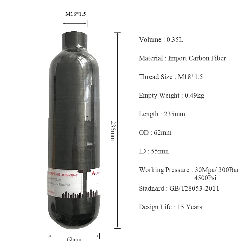 350cc 4500 psi Carbon Fiber SCBA Air Tank Cylinder for PCP Air Gun Hunting+regulator