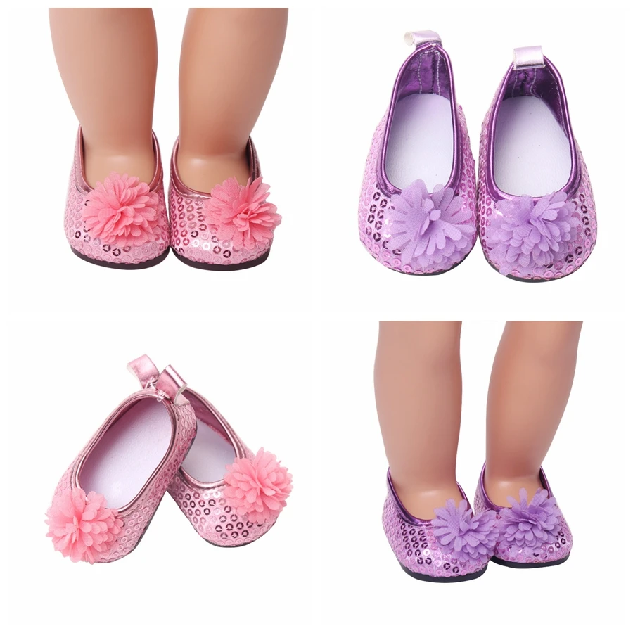 

New Fashion Baby Sequins Flower Doll shoes 7cm Manual Shoes Lovely 43cm Dolls Baby New Born and 18" American Doll Accessories