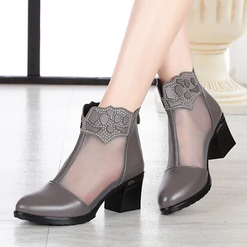

Genuine Leather Ankle Boots Nice Spring Hollow Mesh Boots Women Shoes Female Big Size 61 61 Fashion Summer Shoes Rhinestone