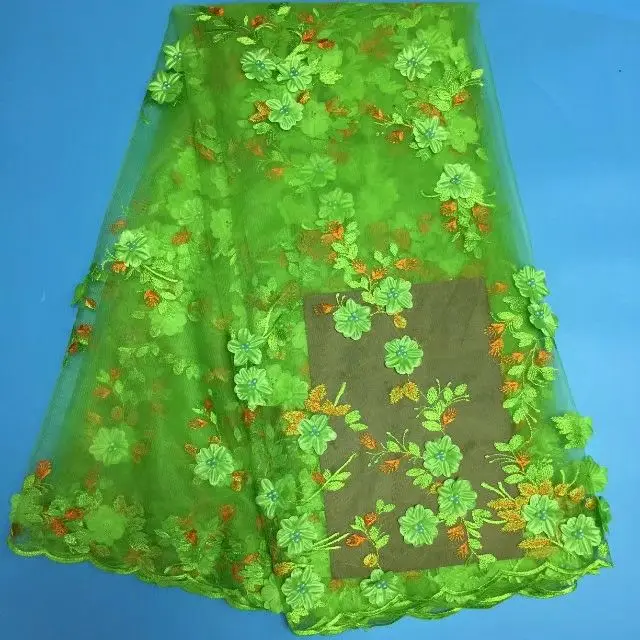 

5 Yards/pc Hot sale lemon french net lace fabric with flower and beads decoration african mesh lace for dress BN73-3