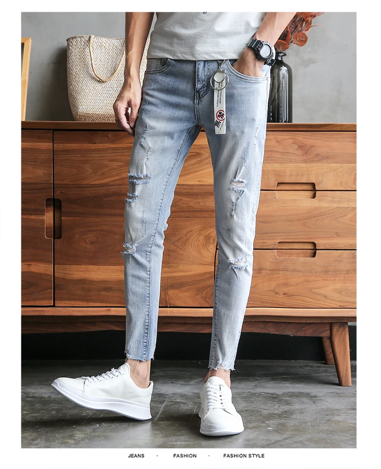 Горячая Распродажа, байкерские мужские джинсы, корейский стиль, облегающие джинсы, Стрейчевые мужские джинсы,, модные рваные джинсы, мужские джинсовые штаны, длина по щиколотку, 34-28