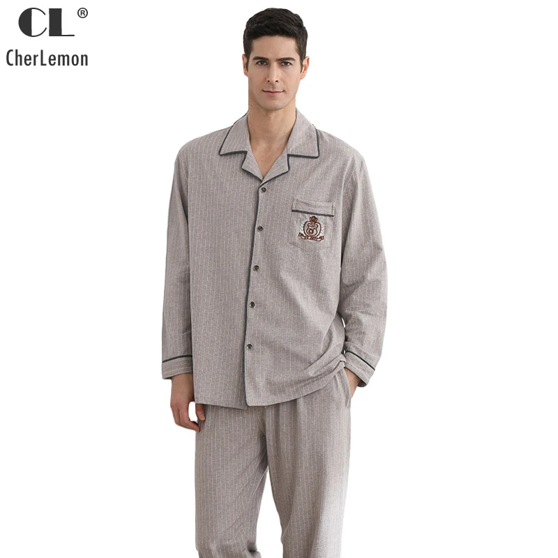 crazy-shop Male Pajama Set Cotton Pajama Man Suit Turn-Down Collar Solid Pyjama Men Full Sleeve Striped Pijama Men XXXL,Men Pyjama Brown6,XL 