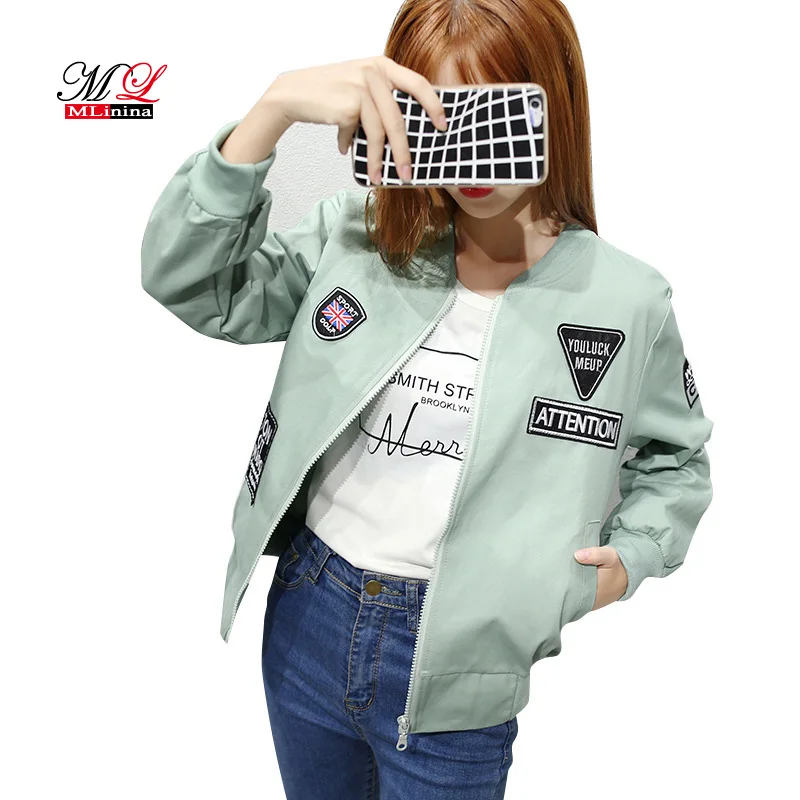

MLinina 2018 Autumn Winter Women Bomber Jackets Ladies Casual Short Thick Coat Hot Sale Ourterwear Embroidered Patch Overcoat