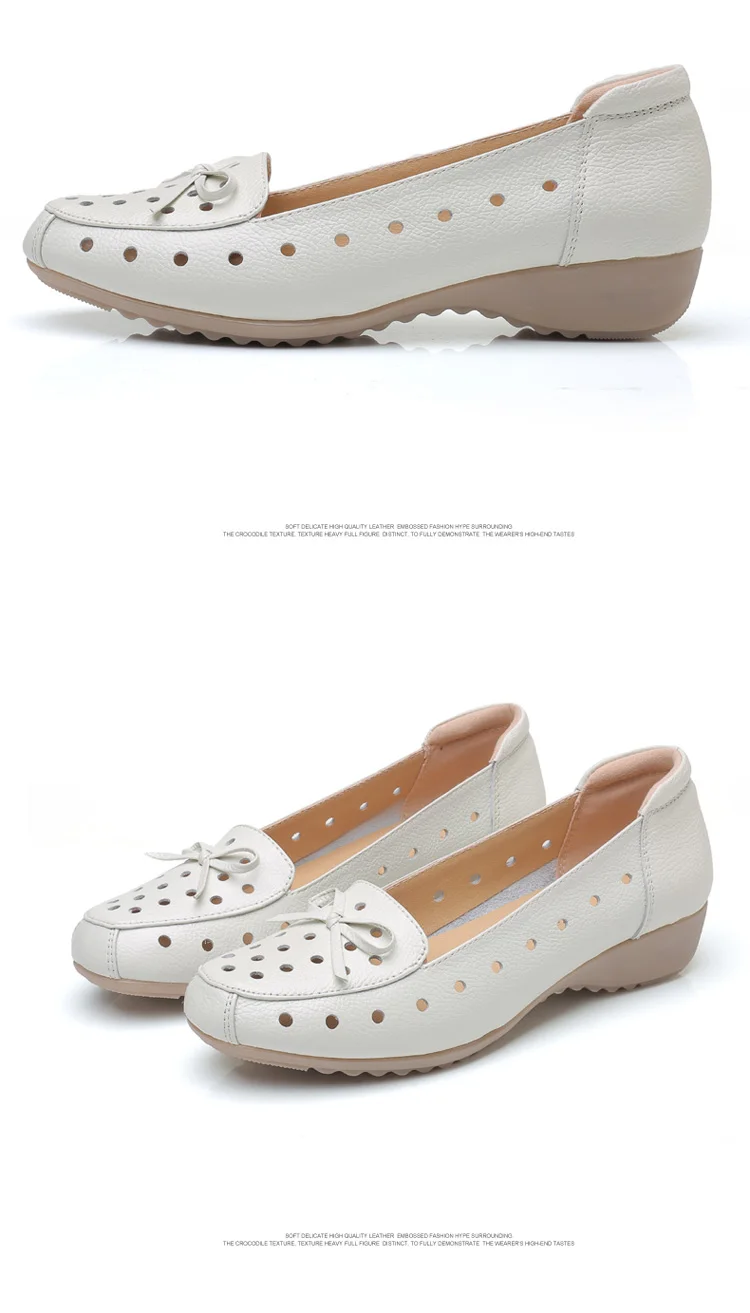 OUKAHUI/дышащая Летняя обувь из натуральной кожи; коллекция года; женская мягкая кожаная обувь без застежки на плоской подошве и низком каблуке с бантом