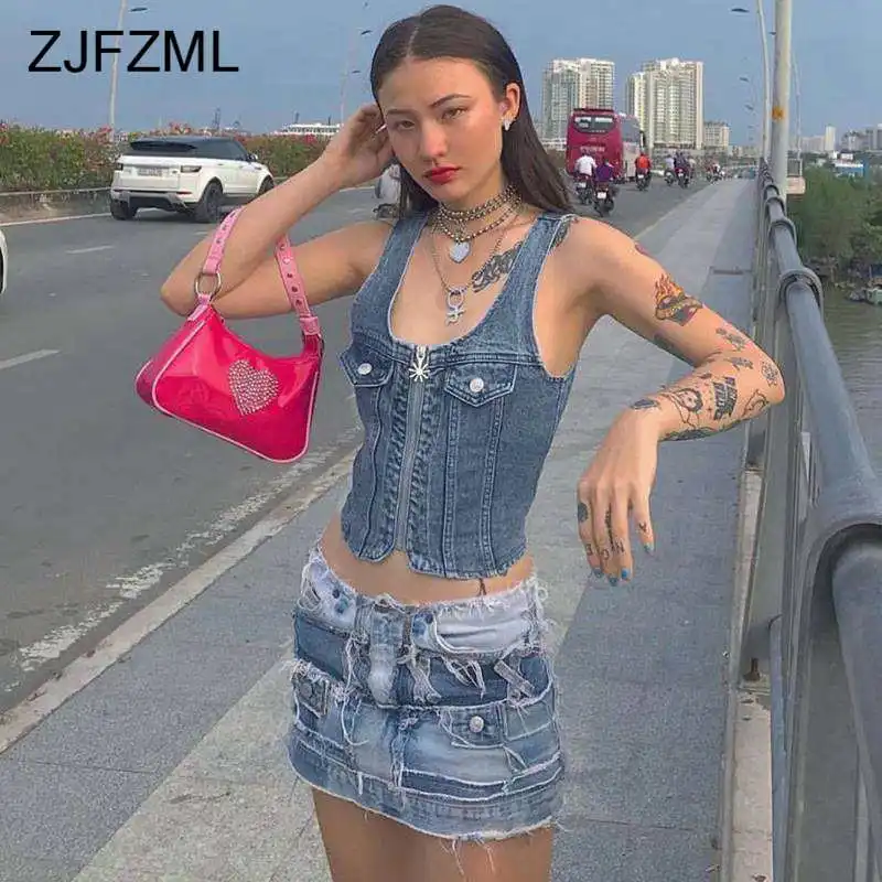 

Front Zipper Denim Tank Tops Summer Sleeveless Causal Jeans Bustier Top Women U Neck Backless Bodycon Sexy Crop Tops Streetwear
