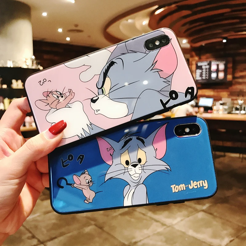 

Tom Jerry Tempered Glass Case for iPhone 7 8 6 6S Plus XS Max XR X Cute Cartoon Anime Luxury Phone Cover for iPhone XS Max Cases