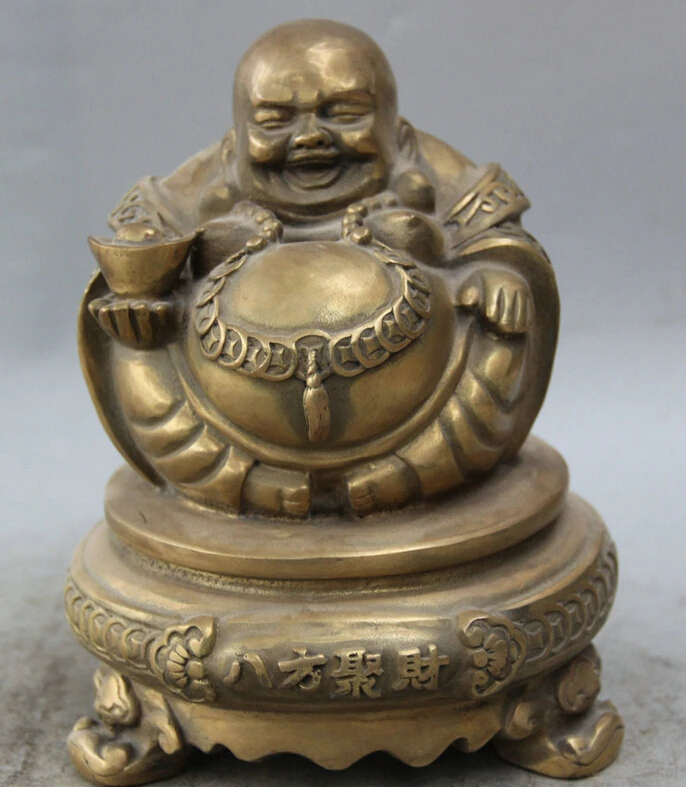 

Collectible bronze S1840 8" Chinese Buddhism Bronze Wealth Money Seat Happy Laugh Maitreya Buddha Statue (B0328)