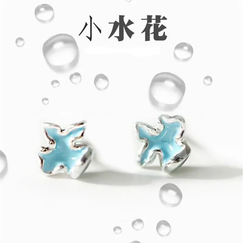 New Fresh Lovely Personality 925 Sterling Silver Jewelry Splash Blue Epoxy Fashion Flower Leaf Female Stud Earrings E063 | Украшения и