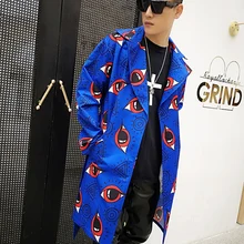 Тренч мужской индивидуальный принт синяя Длинная ветровка для певцов в ночном клубе хост волос модный пиджак одежда в стиле панк костюм Dj