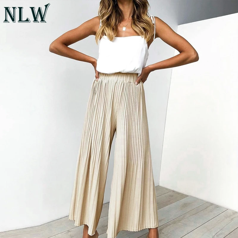 

NLW Casual High Street Black Strip Drape Long Pants Women 2019 Summer Beach Holiday Pants Girl High Waist Wide Leg Pants Capris
