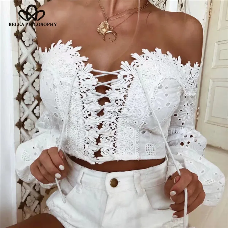 Wonder 2019 summer women sexy lace hollow out short blouse floral lace up slash neck shirts lantern sleeve clubwear blusas