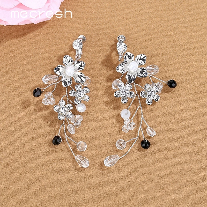 

Mecresh Cute Simulated Pearl Clip On Earrings for Women Girls Silver Color Handmade Beads Flower Bridal Wedding Earrings EH1346