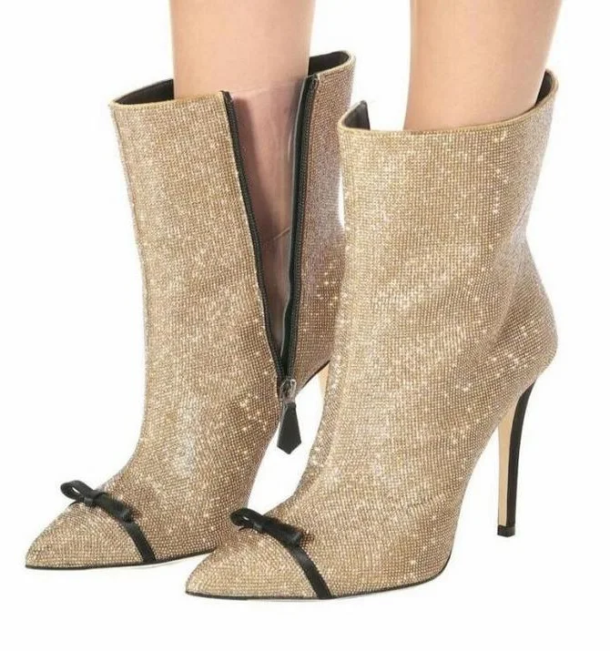 New Designer Gold Crystal Women High Boots Pointed Toe Bowtie Knot