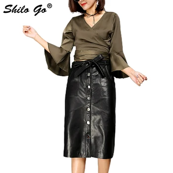 

Leather Skirt Womens Autumn Fashion sheepskin genuine leather Skirt high waist office OL bow blet keen pencil skirt