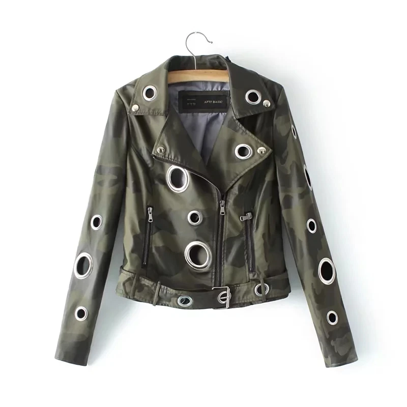 Зимняя камуфляжная куртка из искусственной кожи с ушками, Женская куртка в стиле панк с металлическими кольцами и заклепками, мотоциклетная куртка, уличная Черная Женская байкерская куртка - Цвет: Армейский зеленый