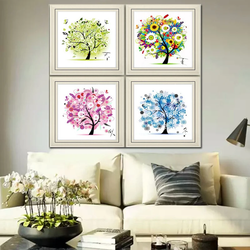 

Golden panno Needlework Diamond Painting Bead Cross Stitch DIY DMC Cross stitch Sets Four Season Trees Cotton Thread Home Count