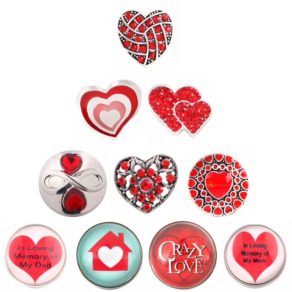 

2018 Valentine's Day Delicate Sweety Red Rhinestone Love Heart Snap beads fit 18mm bracelet Jewelry Earrings For Women