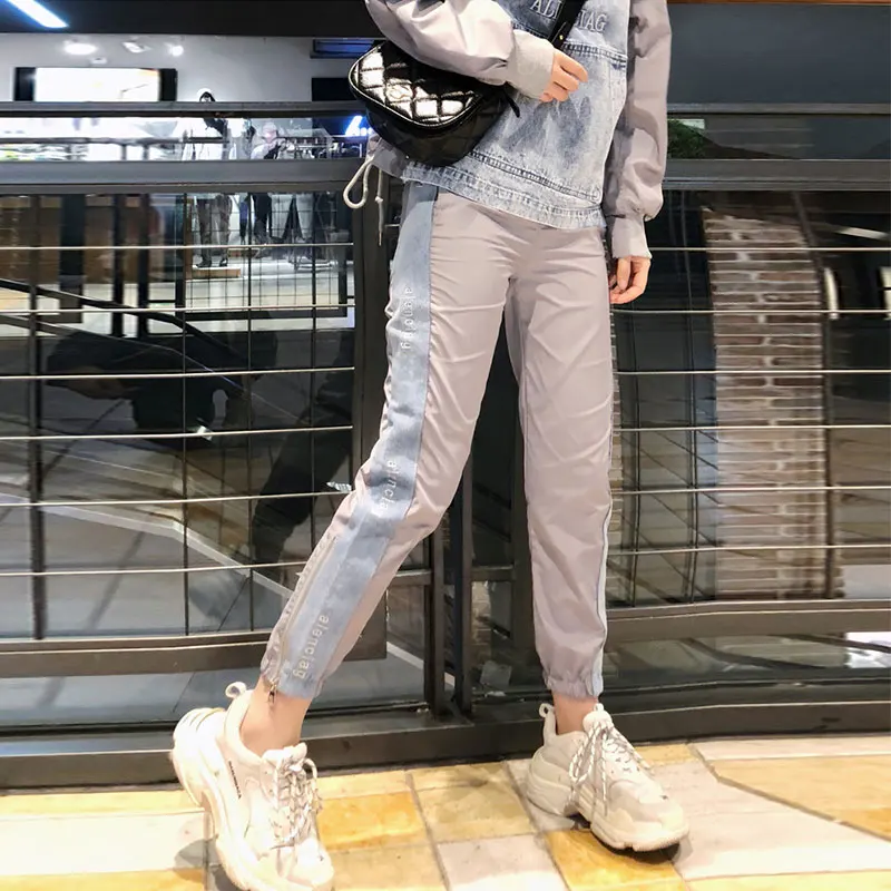 Gray pants Весенний костюм, наборы для женщин, Модная Джинсовая куртка с капюшоном и вышитыми буквами, повседневные Костюмы, джинсовые штаны для женщин TY222 - Цвет: Gray pants