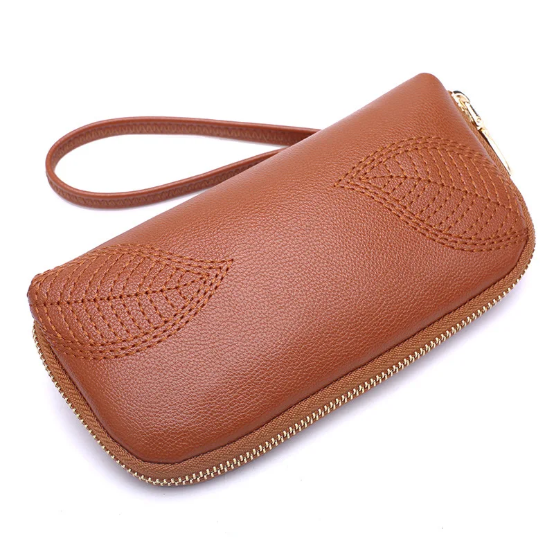 

KANDRA Fashion Embroidered Leaf Women Long Wallet Capacity Leather Coin Purse Wrist Long Wallets Designer Card Holder Phone Bag