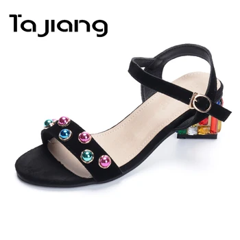 

Ta Jiang Genuine Cow Suede Leather Women High Heels Sandals Classic Party Summer Sandals Women Ladies Crystal Dress Shoes Woman