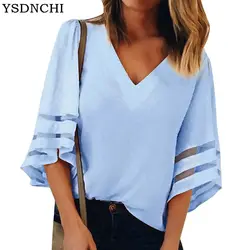 YSDNCHI Лето Половина рукавом сетки лоскутное Blusas Новинка; футболки Sexy V шеи Повседневное свободные блузки твердые топы Для женщин шифоновая