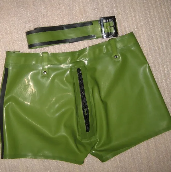 

Latex Short Pants Rubber Latex Handmade Underwear With Belt Army Green front Zip