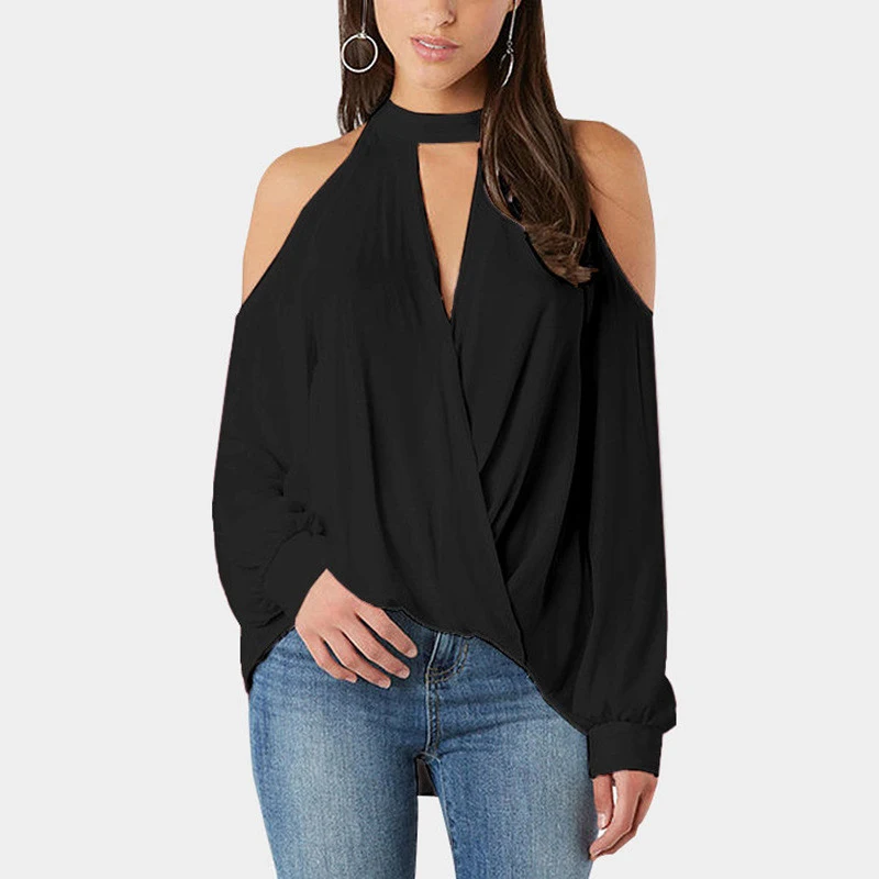 Женские блузки, весна, сексуальный топ с открытыми плечами, элегантная блуза с длинным рукавом, Простая Офисная рубашка, топы с лямкой через шею, женская блуза - Цвет: Black