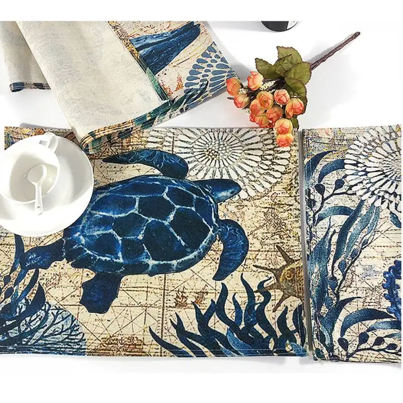 

Kitchen Table Mats Cotton Linen Table Napkin Marine Sea Turtle Octopus Pattern Decorative Placemats 1026