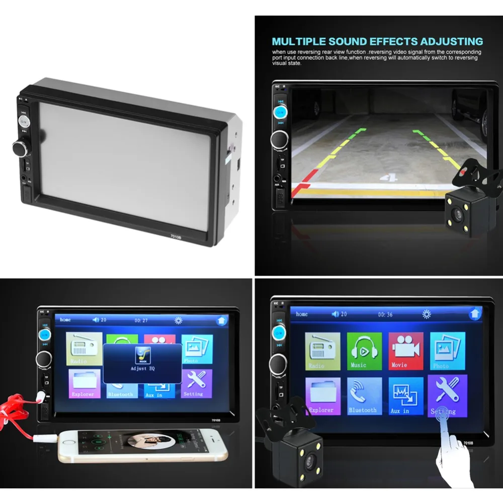 

7" Inch LCD 2 DIN HD Car Radio MP5 Player In-Dash Touch Screen Bluetooth HD Rear View Camera Car Stereo FM + Wireless Remote