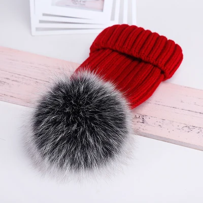 Real Fur Hat Knitted Real fox hair bulb Pom Pom Hat Women Winter Hat Unisex Kids Warm with wool Chunky Thick Stretchy Knit hat - Цвет: Бургундия