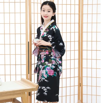 

Black Japanese National Clothes Vintage Young Girl Dance Dress Cosplay Costume Peacock&Floral Robe Gown Yukata With Obi S M L
