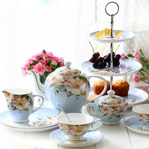 

22 pcs set Coffee Cup Set bone china ceramic flower afternoon Tea Set : cup with saucer tea pot sugar pot milk pot