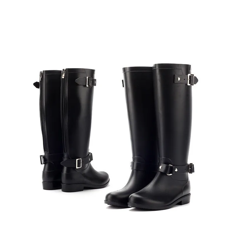 black Fashion Woman Boots Mid-Calf Black Rain Boots Spring Autumn Female Shoes High Top Equestrian Motorcycle Botas Zipper Waterproof - Цвет: black