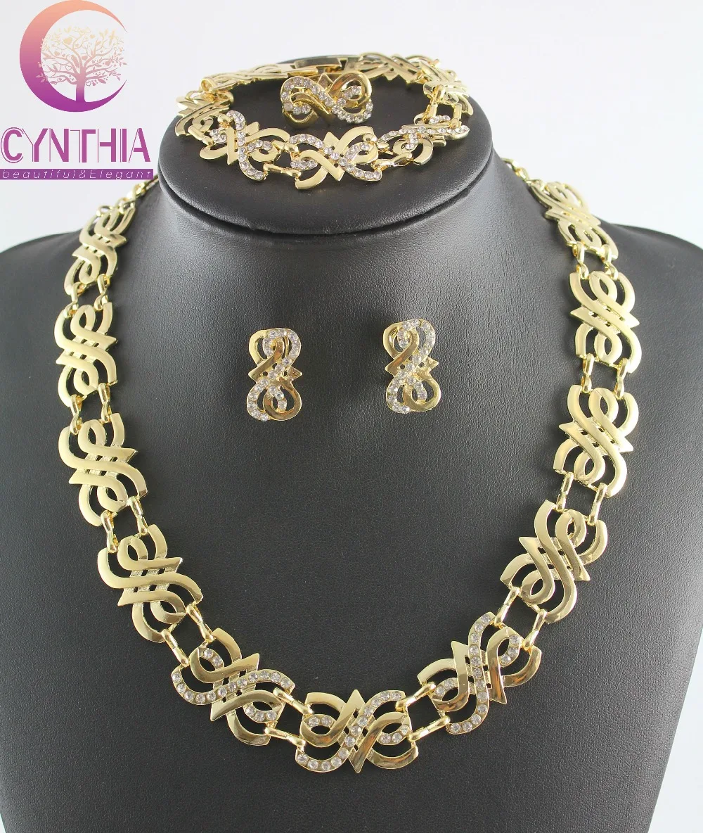 Fashion Necklace Bracelet Earrings Ring Set African Costume Bridal Wedding Party Rhinestone Gold Plated Dubai Jewelry