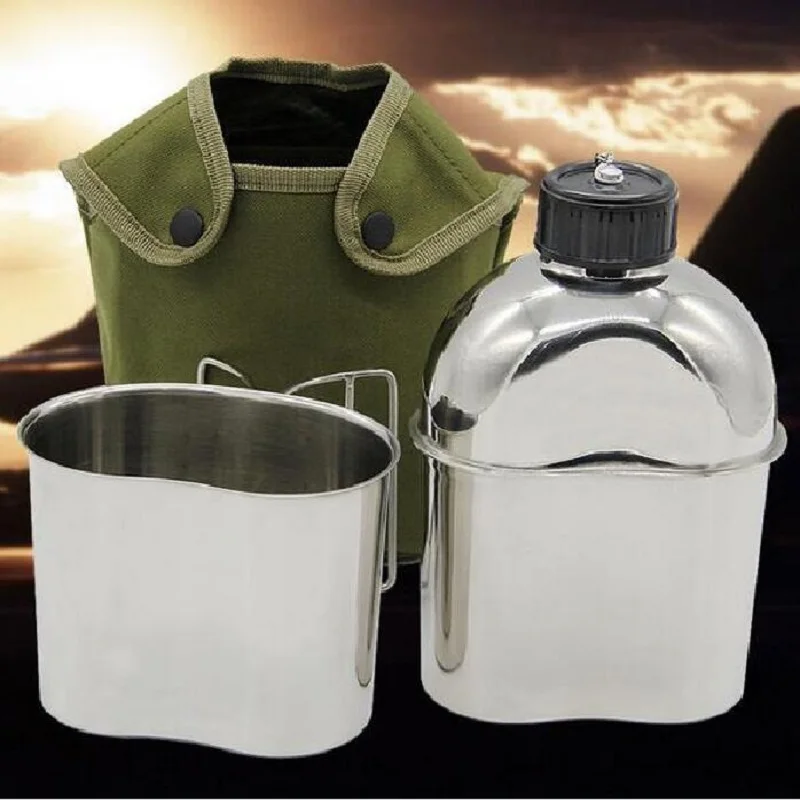 

Outdoor sport 304 Stainless steel Army Canteen 1000ml Water Bottle+700ml Cup Fold Handle Lunch Box& Cover