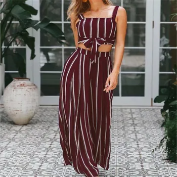 

2019 Summer Striped Outfits Set Sexy Womens Crop Top Pants Two Piece Playsuit Long Jumpsuit Club Wear Femme